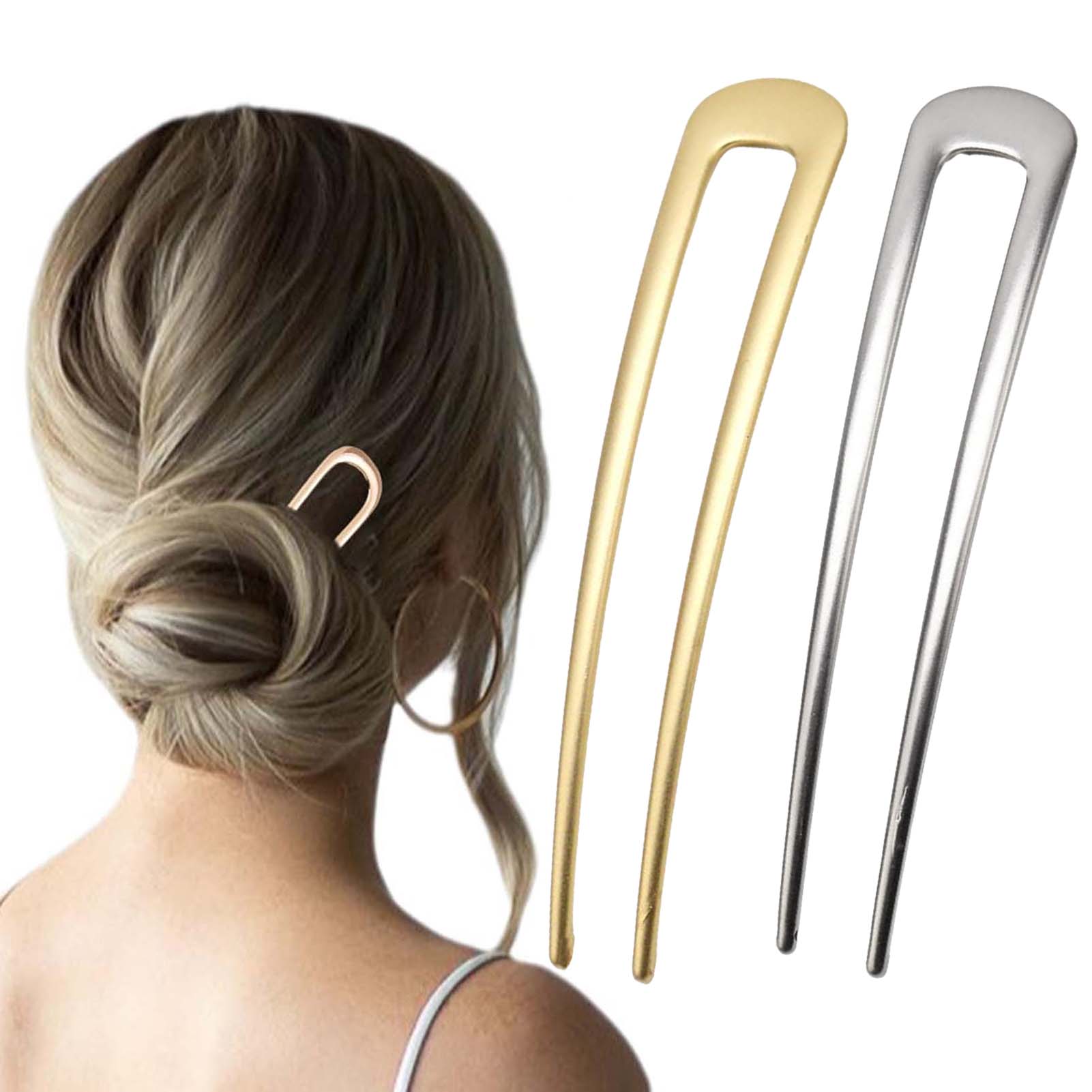 Women'S Work Accessories - フランス製U字型ヘアピン ヴィンテージメタルヘアフォークスティック 女性用 厚い髪用スタイリングアクセサリー ゴールドシルバーカラー バンツール