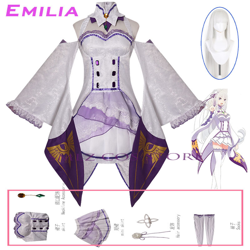 Women Accessories Products - エミリアコスプレアニメ再ゼロカラハジメル異世界生活衣装白制服ドレスウィッグセットハロウィンパーティー衣装女性用
