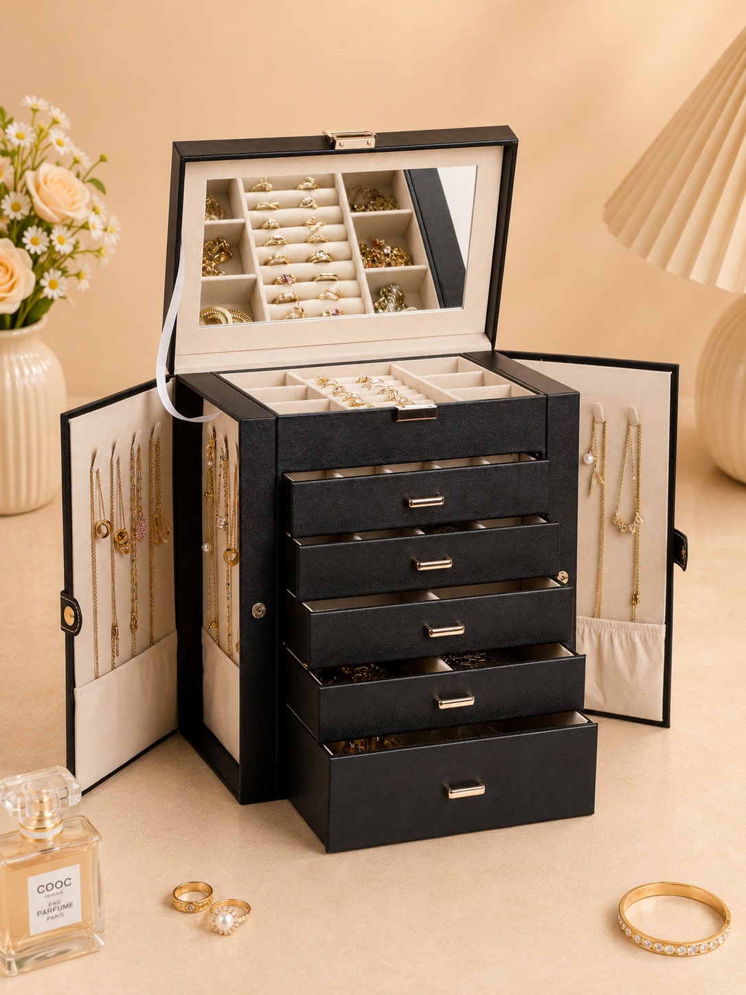 Women Accessories Drawer - 1個入り大型6層PUレザー製ジュエリーボックス（鏡付き）、ネックレスフック、指輪スロット、指輪、イヤリング、ブレスレット、時計、アクセサリー用の多段引き出し収納を備えた両開き扉ジュエリーオーガナイザー、女性へのエレガントなギフト。