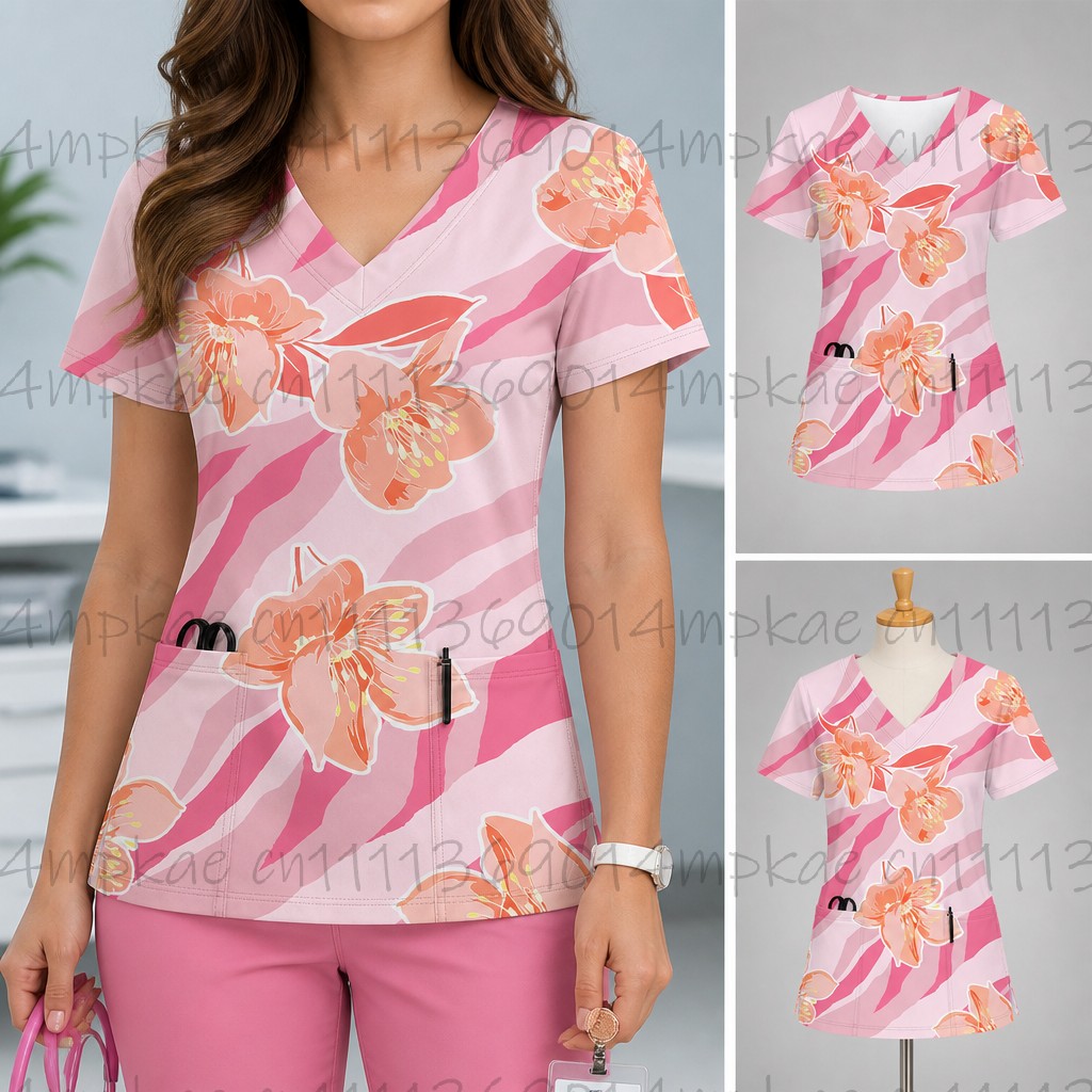 Women'S Work Accessories - 女性の作業服花柄プリントナース V ネックポケットつや消しトップ女性の医療看護ガウンアクセサリー制服