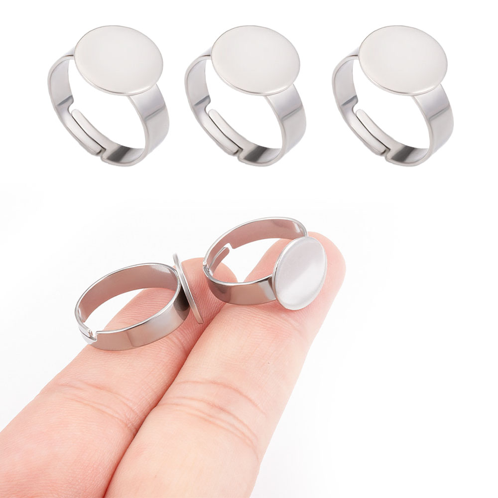 Ring Set Adjustable - 10個のステンレススチールリング、調節可能なリング、平らなベースのオープンリング、DIYジュエリーリングベースパーツ用