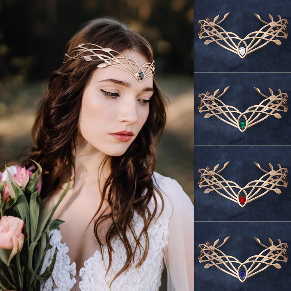 Young Women'S Accessories - 高級ティアラヘッドバンド女性のためのリーフクリスタルクラウン女神コスプレ額ラウンドエルフクラウンブライダルヘアアクセサリー