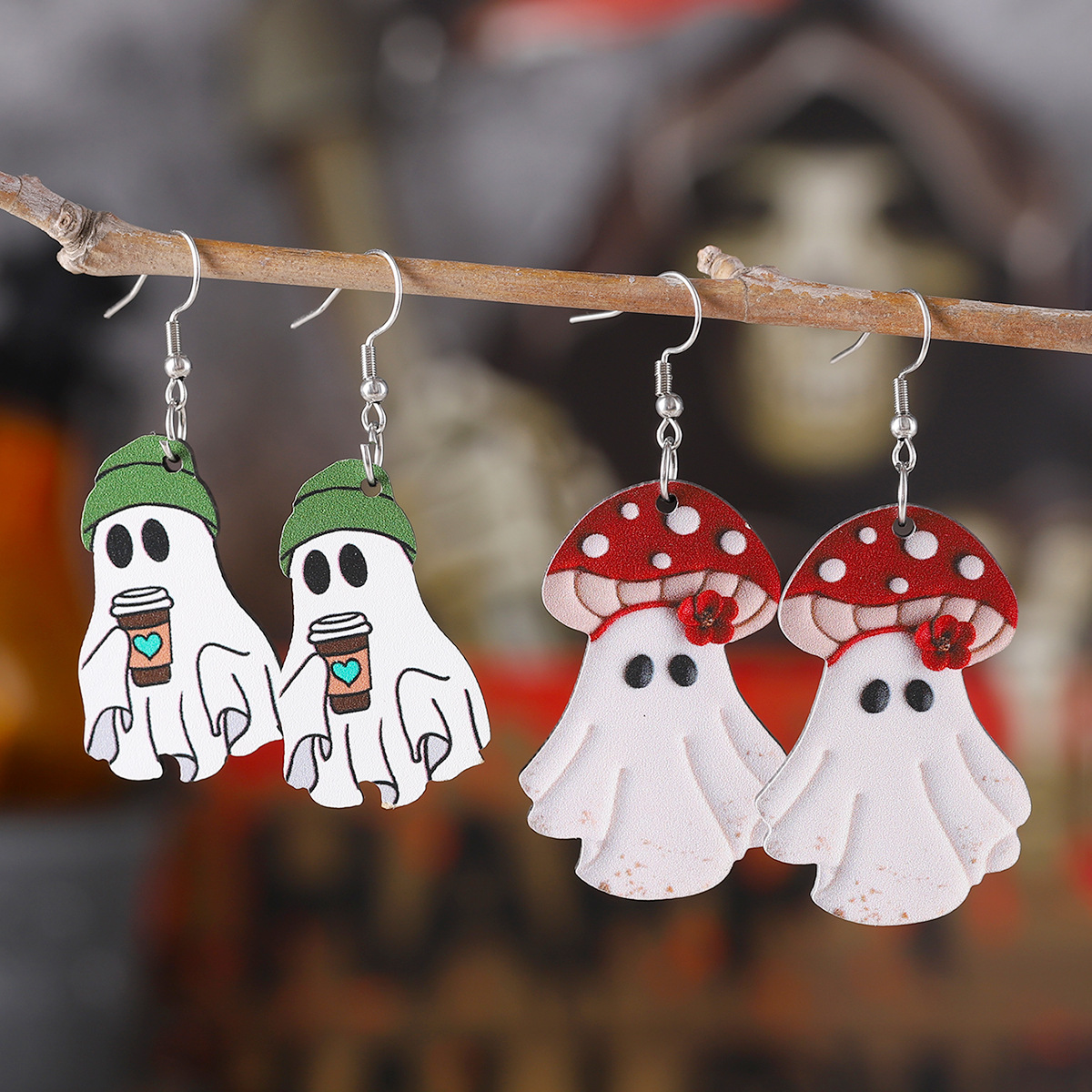 Women Accessories In Amazon - アマゾン越境新商品 ハロウィン 可愛いゴーストペンダントイヤリング 木製 ゴシック 両面イヤリングアクセサリー