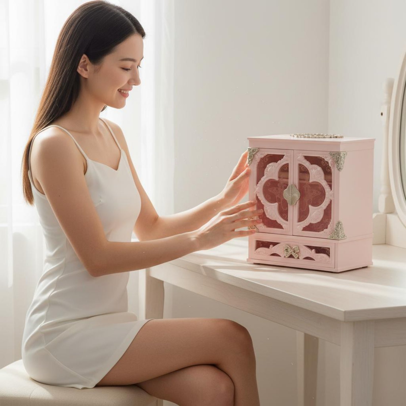 照明付きメイクアップオーガナイザーミラー 3 色の明るさ大容 - Women Accessories List のレビューと価格