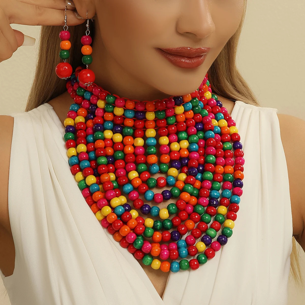 アフリカ風木製ビーズフリンジ多層ネックレスセット誇張されたヨ - Women Accessories In Amazon のレビューと価格
