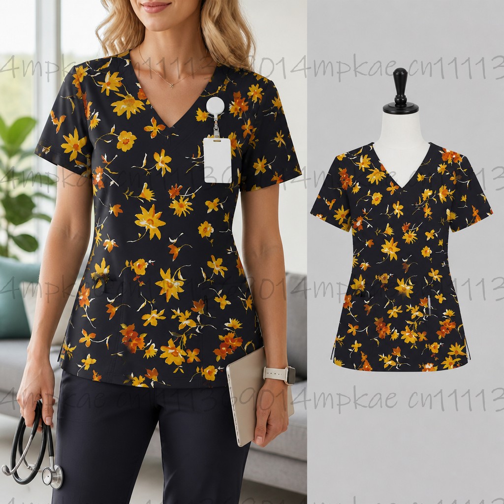 女性の作業服花柄プリントナース V ネックポケットつや消しト - Women'S Work Accessories のレビューと価格